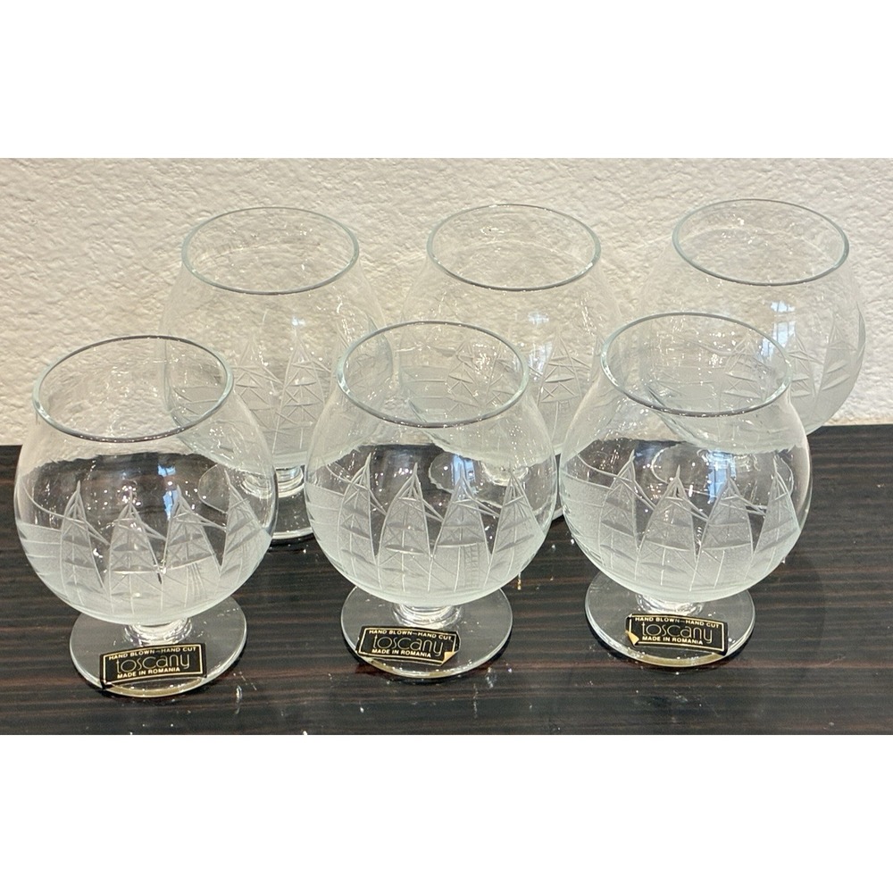 6 Vtg Toscany Romania Hand Blown Brandy Glasses Etched Crystal Clipper Ship New